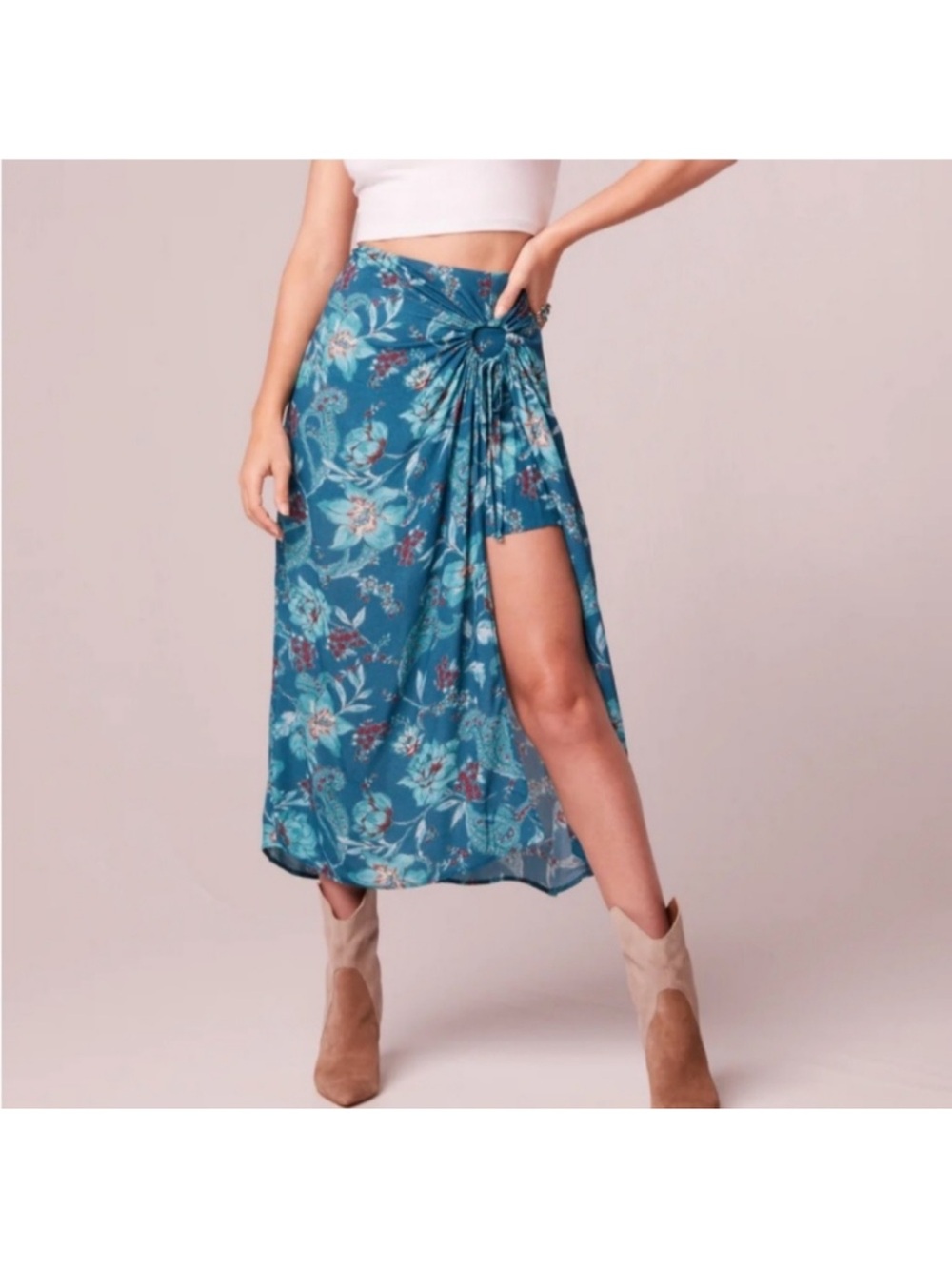 Floral Teal Knot-Side Midi Skirt